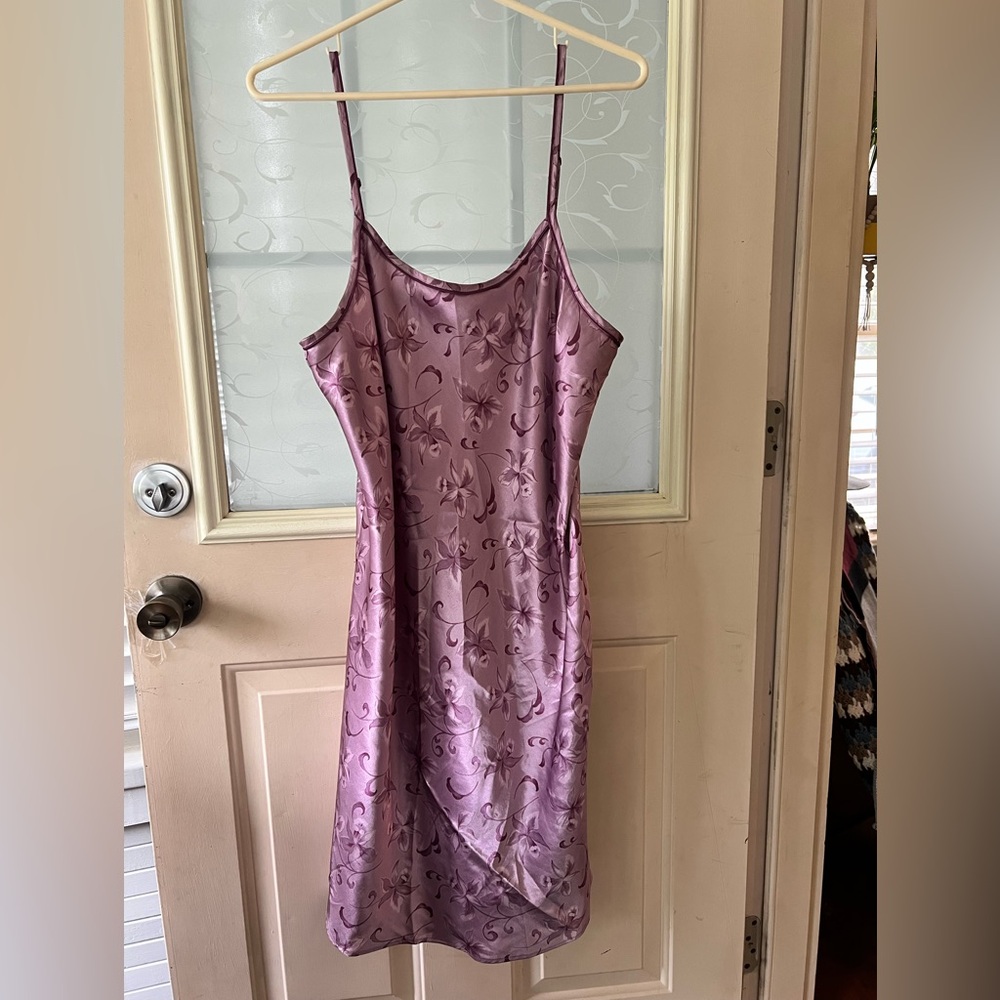 Soft sensations lavender shimmery slip dress with purple floral print. Adj strap